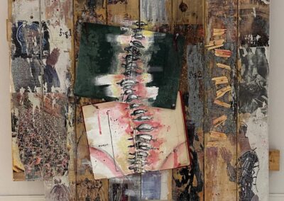 Ashlynd Scavotto, Breaking Point, 2021. Mixed media installation with found wood, nails, magazines, thrifted books, and acrylic paint. © Ashlynd Scavotto